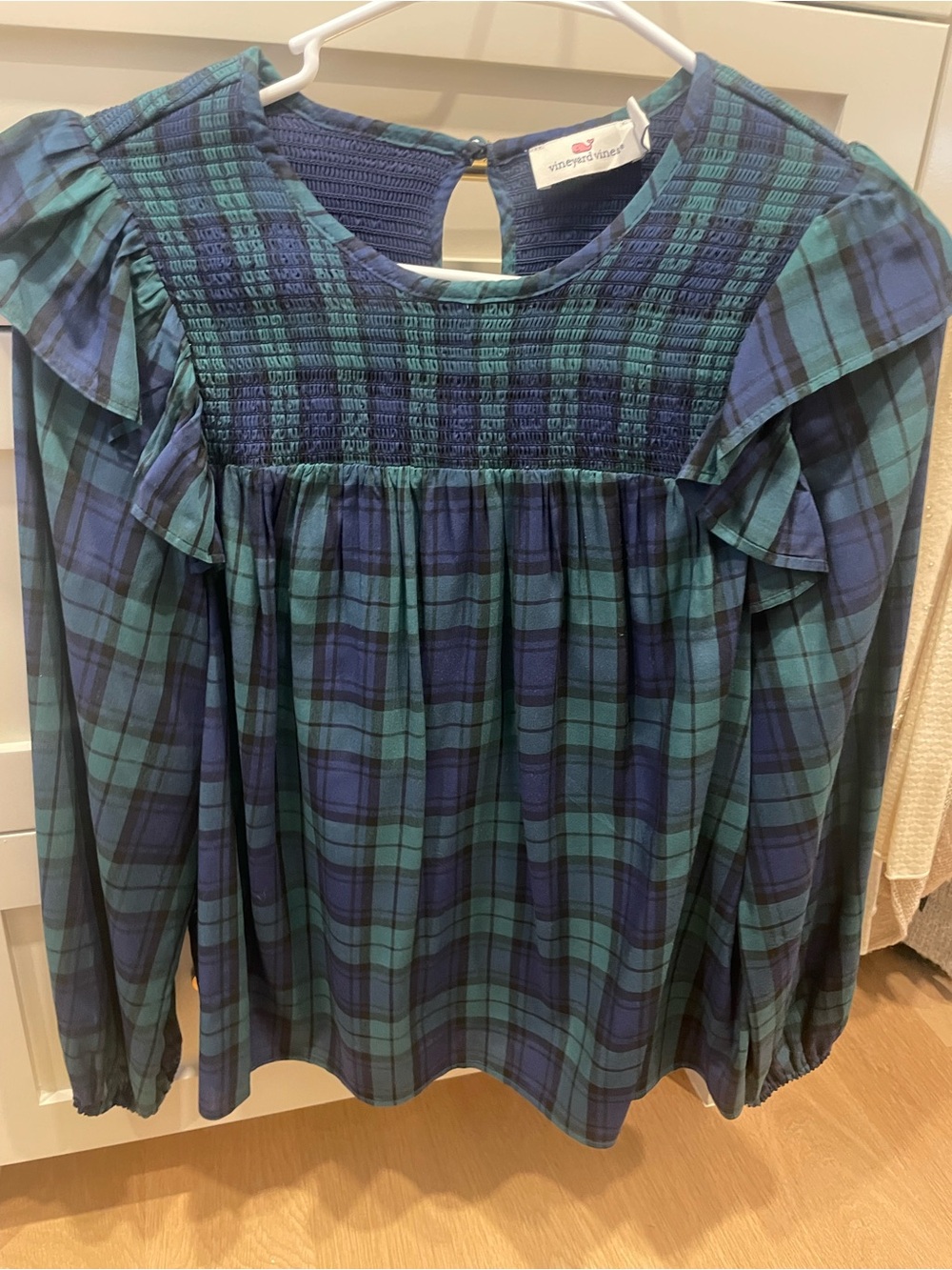 Vineyard Vines Navy and green Plaid Smocked Top